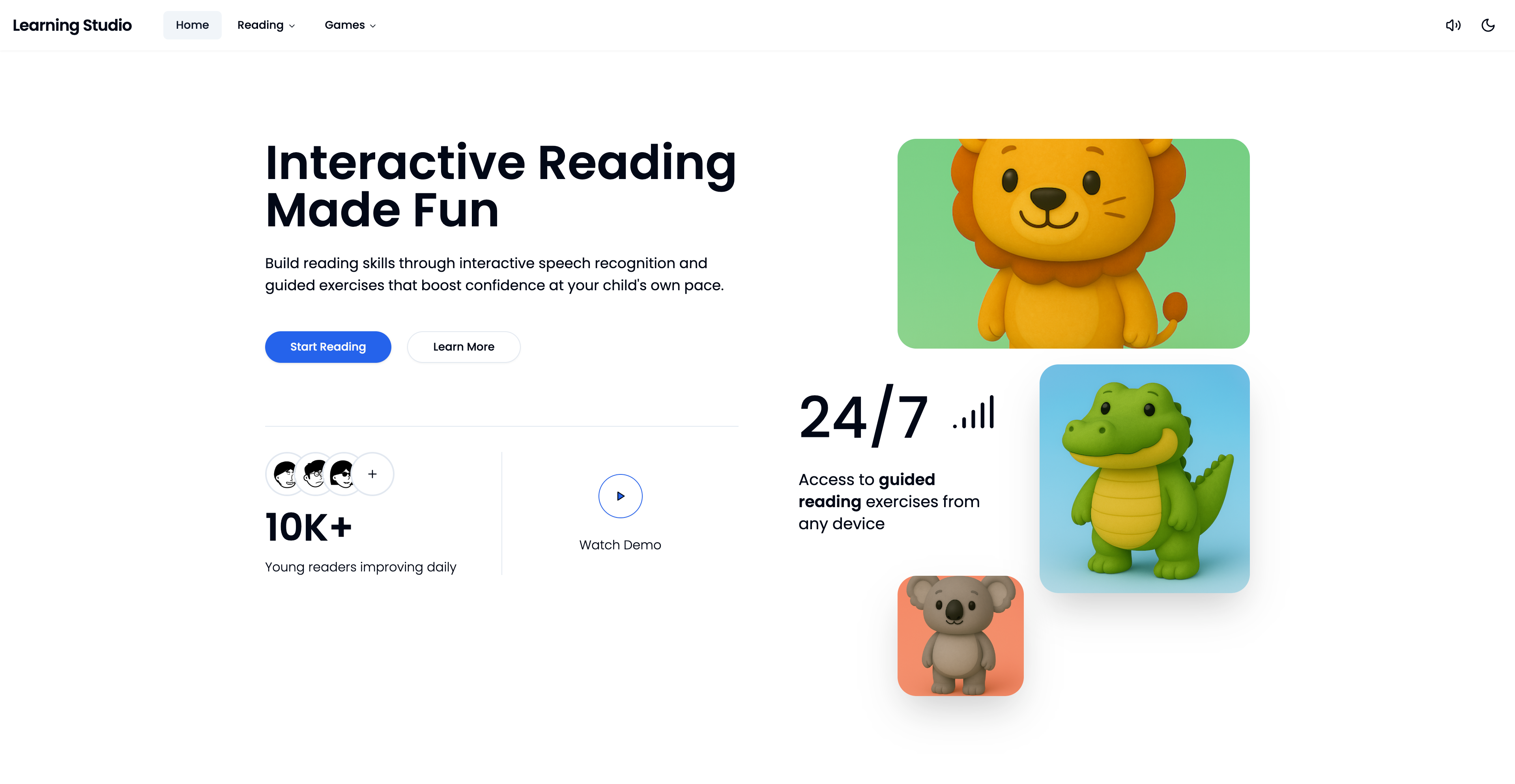 Reading Tutor home page with game and story selection