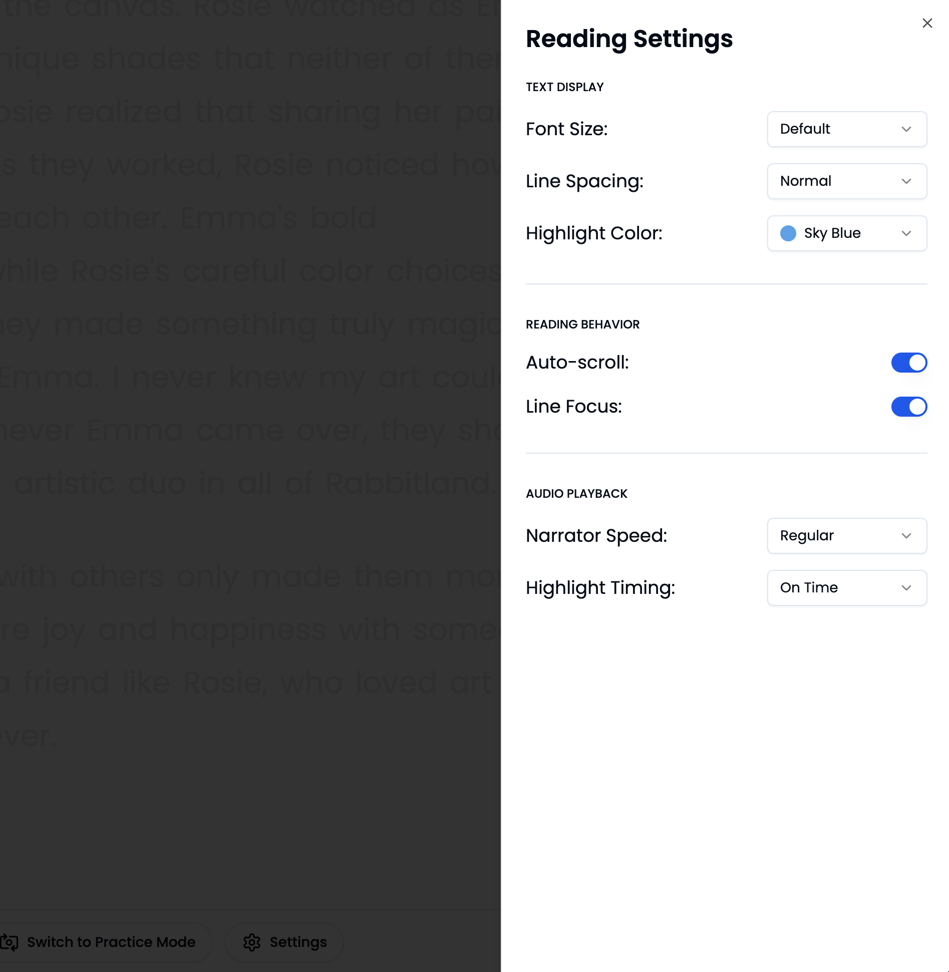 Reading settings customization options