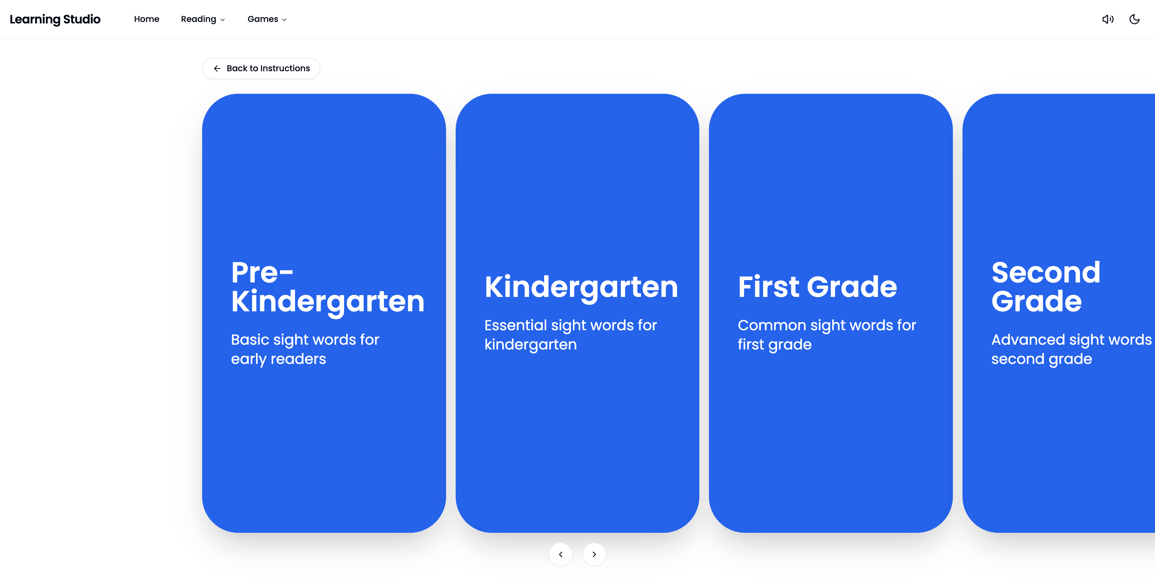 Sight words game menu with grade level selection